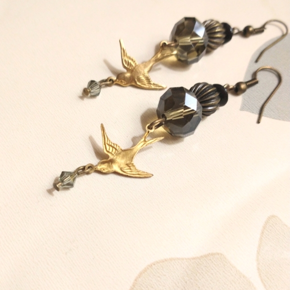 Drop Bronze Bird Earrings with Crystal - Picture 1 of 3